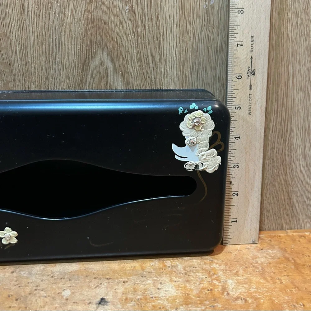 Vintage Ransburg Black Metal Tissue Box Holder French Painted Poodle Rhinestones